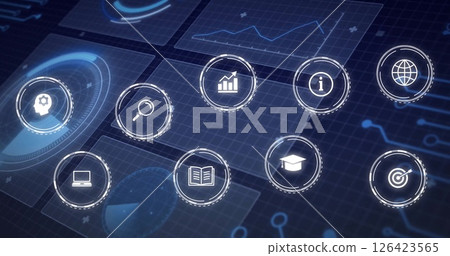 Image of icons over data processing on black background 126423565