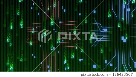 Image of data processing over computer circuit board on black background 126423567