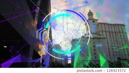 Image of network of connections and scope scanning over cityscape 126423572