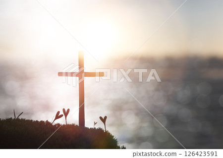 A heart-shaped plant symbolizing the cross and love of Jesus Christ, with a bright, sparkling sun and a beautiful sea background. 126423591