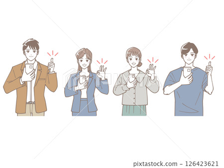 一群人拿著柔和色彩的智慧型手機，做出好兆頭 126423621