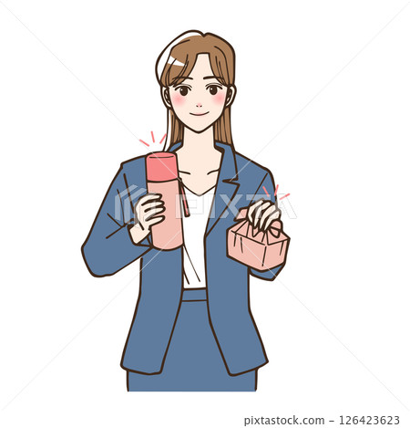一位年輕辦公室女士拿著動漫風格的午餐盒上班的插圖 126423623