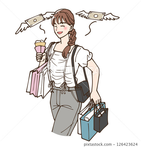 動漫風格的插圖，描繪了一個女人花錢 126423624