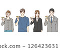 Set of illustrations of young people and businessmen in casual clothes holding cards in their hands in anime style 126423631