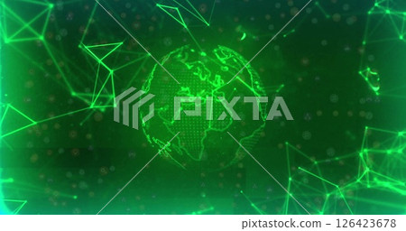 Image of glowing connections and globe over black background 126423678