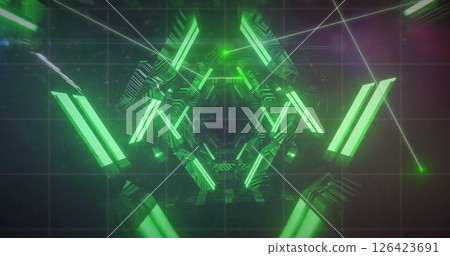 Image of glowing green spiral over grids on black background 126423691