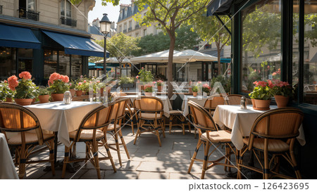 Outdoor Dining Area With Potted Plants at a Cafe During the Afternoon in a Bustling European City 126423695