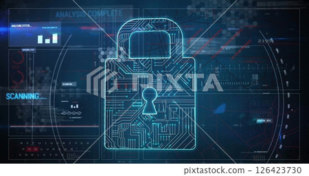 Image of padlock and digital data processing over computer servers 126423730