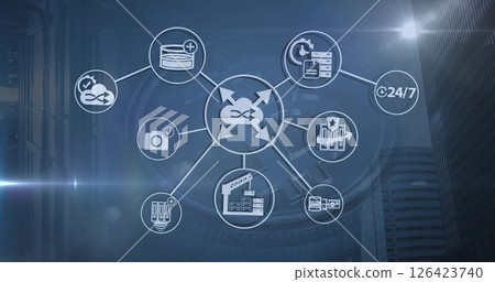 Image of network of connections with icons over computer servers Image of network of connections with icons over computer servers 126423740