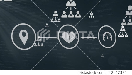 Image of network of connections with icons over dark background Image of network of connections with icons over dark background 126423741