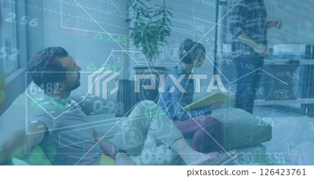 Image of financial data processing over diverse business people in office 126423761
