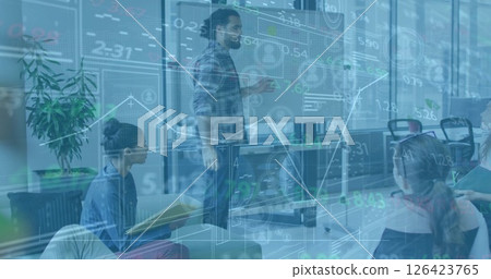 Image of financial data processing over diverse business people in office 126423765