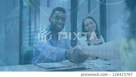 Image of financial data processing over diverse business people in office 126423767