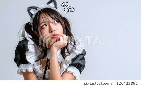A worried cat-eared maid girl 126423862
