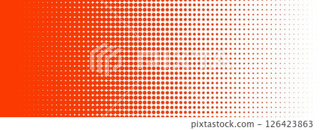Red halftone gradient texture. Fading cartoon polka dot background. Repeated dotted gradation pattern. Vanishing comic pop art overlay backdrop. Raster halfton patern effect wallpaper. Vector 126423863