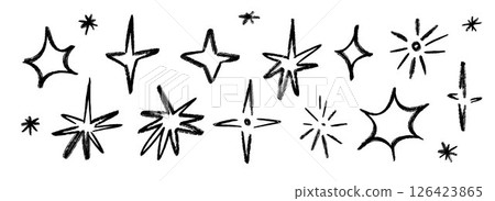 Black crayon hand drawn stars set. Childish doodled sparks and sparkles collection. Grunge rough brush stroke shine element pack for collage, poster, sticker. Kid sketched wax pencil symbols. Vector 126423865