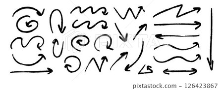 Hand drawn crayon arrow collection. Black curve, zig zag and straight doodle arrows set. Grunge charcoal sketch pointers or direction lines. Vector pastel pencil, chalk or marker brush stroke elements 126423867