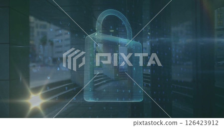Image of padlock and financial data processing over cityscape Image of padlock and financial data processing over cityscape 126423912