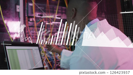 Image of data processing and diagrams over african american male worker in server room 126423937
