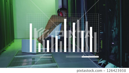 Image of data processing and diagrams over african american male worker in server room 126423938