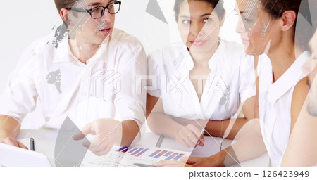 Image of financial data processing over diverse colleagues having meeting in office 126423949