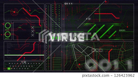 Image of virus text over network and processing data on black background Image of virus text over network and processing data on black background 126423962
