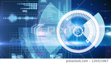 Image of data processing with scope scanning on blue background Image of data processing with scope scanning on blue background 126423967