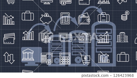 Image of business icons over servers on black background Image of business icons over servers on black background 126423968
