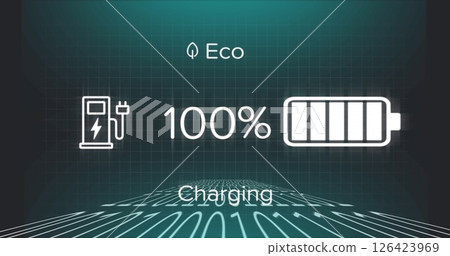 Image of battery charging with growing number over data processing on black background 126423969