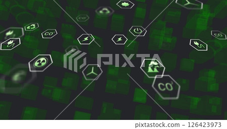 Image of ecology icons over green shapes on black background 126423973