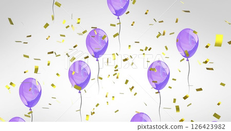 Image of gold confetti falling over purple party balloons rising on grey background 126423982