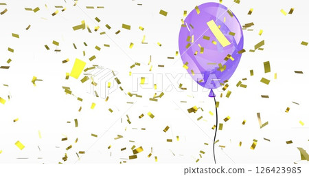 Image of gold confetti falling over purple party balloon on white background 126423985