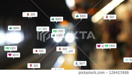Image of social media icons with numbers over train station Image of social media icons with numbers over train station 126423986