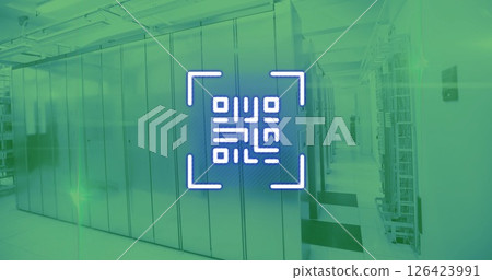 Image of qr code and light trails over server room Image of qr code and light trails over server room 126423991