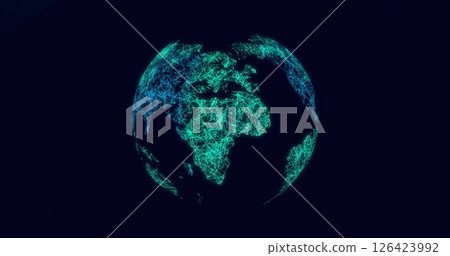 Image of global network of connections over rotating over blue curves on black background Image of global network of connections over rotating over blue curves on black background 126423992