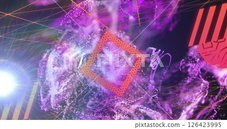 Abstract geometric patterns over vibrant purple and pink swirling image 126423995
