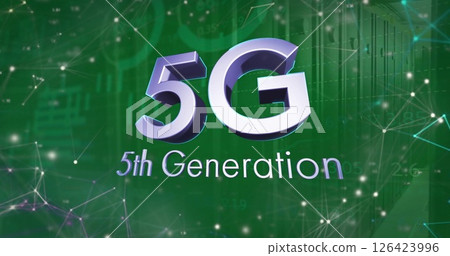 Image of 5g 5th generation text with network of connections and data processing over server room 126423996