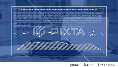 Image of data processing and diagrams over empty office with typewriter Image of data processing and diagrams over empty office with typewriter 126424009