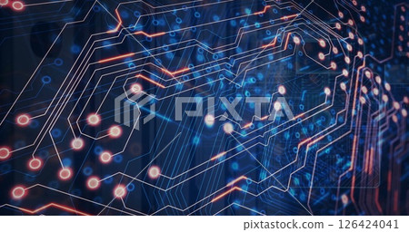 Image of circuit board and digital data processing over computer servers Image of circuit board and digital data processing over computer servers 126424041