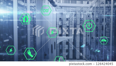 Image of green ecology and energy icons over flashing lights on computer servers Image of green ecology and energy icons over flashing lights on computer servers 126424045
