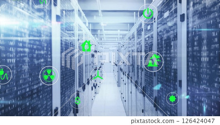 Image of green ecology and energy icons over flashing lights on computer servers Image of green ecology and energy icons over flashing lights on computer servers 126424047