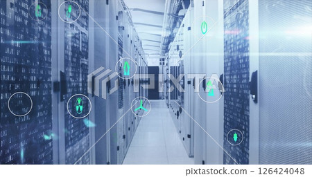 Image of ecology and energy icons rotating over flashing lights on servers in server room 126424048