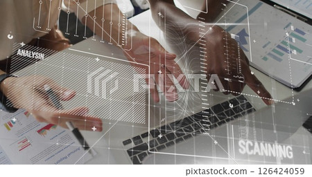 Image of data processing and diagrams over diverse female colleagues discussing work Image of data processing and diagrams over diverse female colleagues discussing work 126424059