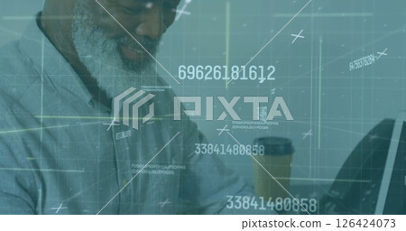 Image of financial data processing over african american businessman with smartphone Image of financial data processing over african american businessman with smartphone 126424073
