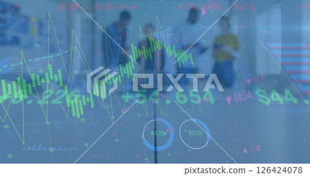 Image of financial data processing over diverse business people in office 126424078