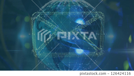 Image of email icon, globe and digital data processing over dark background Image of email icon, globe and digital data processing over dark background 126424116