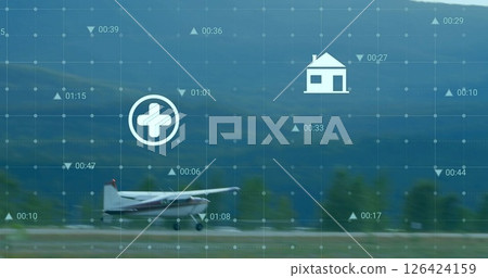 Image of icons and financial data processing over airplane on runway Image of icons and financial data processing over airplane on runway 126424159