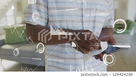 Image of data processing over african american man celaning his smartphone 126424286