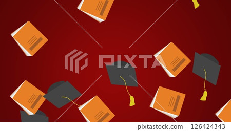 Image of graduation hats and book icons over red background Image of graduation hats and book icons over red background 126424343