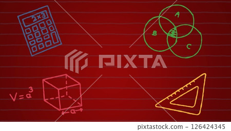 Image of school icons with copy space over red background Image of school icons with copy space over red background 126424345